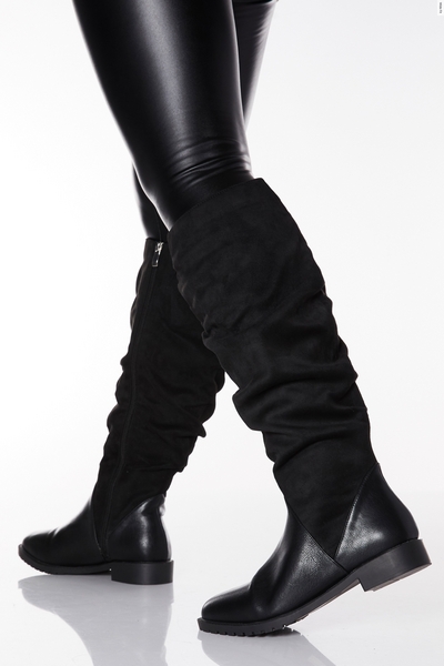 Wide Fit Black Faux Suede Ruched Knee High Boots